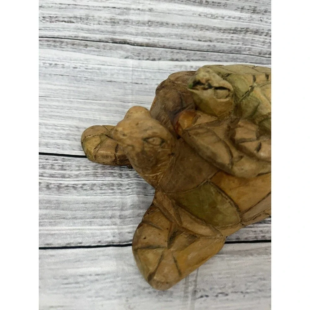 Hand Carved Crafted Wooden Sea Turtle Mom Carrying Baby 2pc Box with Lid Art